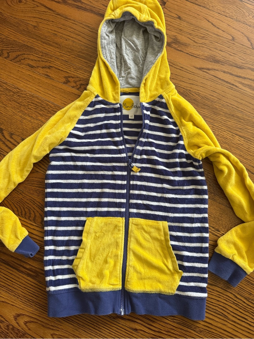 Mini Boden Navy & Yellow Striped Hooded Zip Sweatshirt